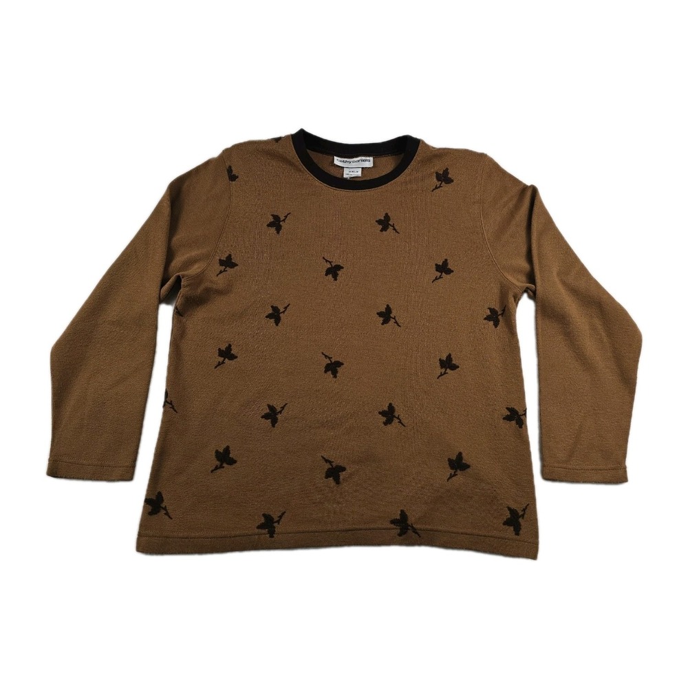 Cathy Daniels Womens Brown Leaf Embroidered Crew Neck Knit Pullover Sweater M